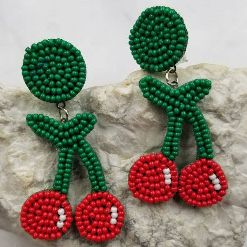 Cherry Seed Bead Dangle Earrings